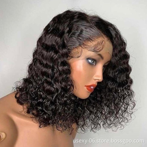 Hot selling virgin raw Indian hair curly closure frontal wig glueless full hd lace frontal short human hair deep wave wig